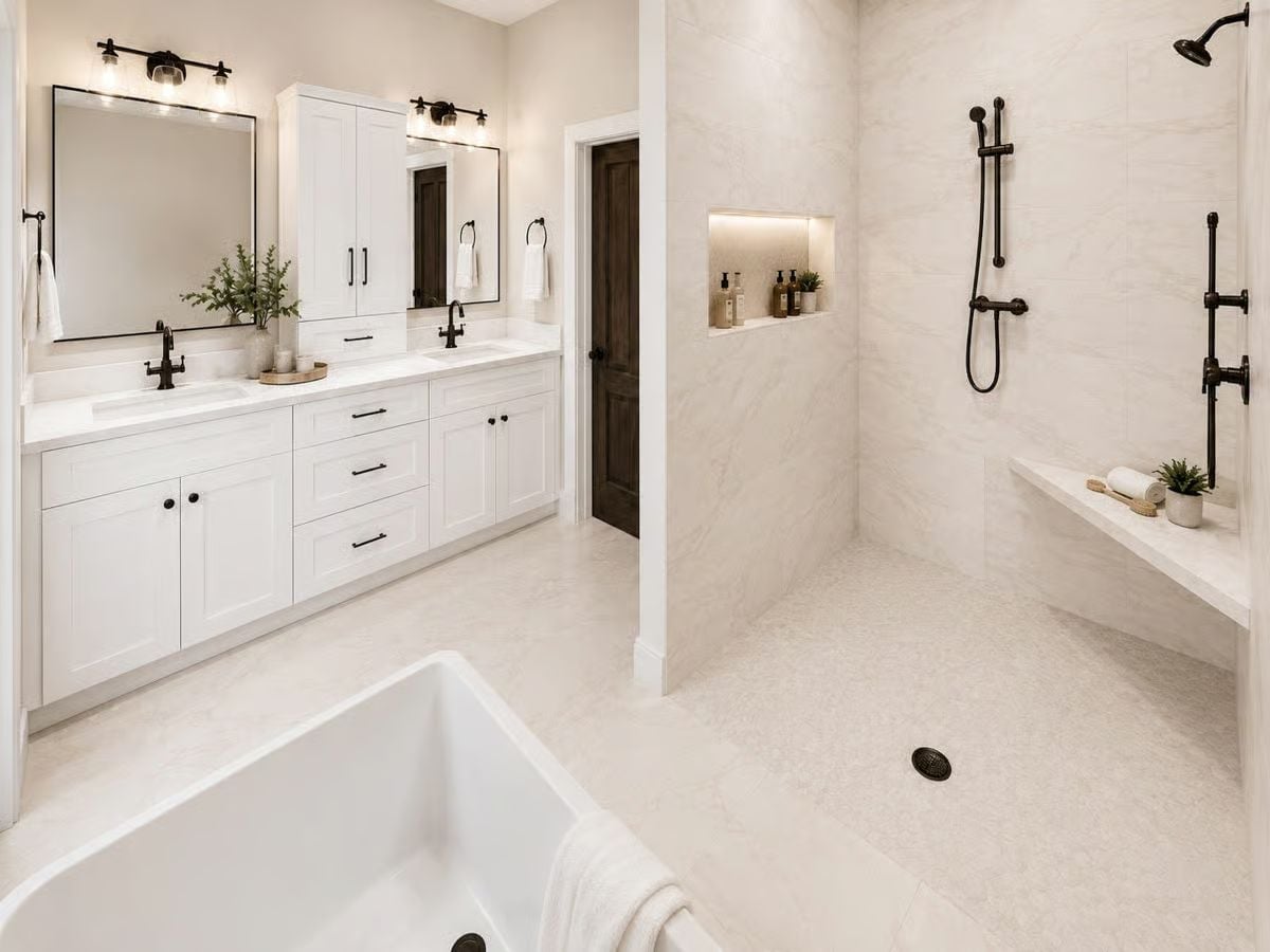 Matte Black Hardware and Marble Tile Make This Walk-In Shower Hard to Rush Through
