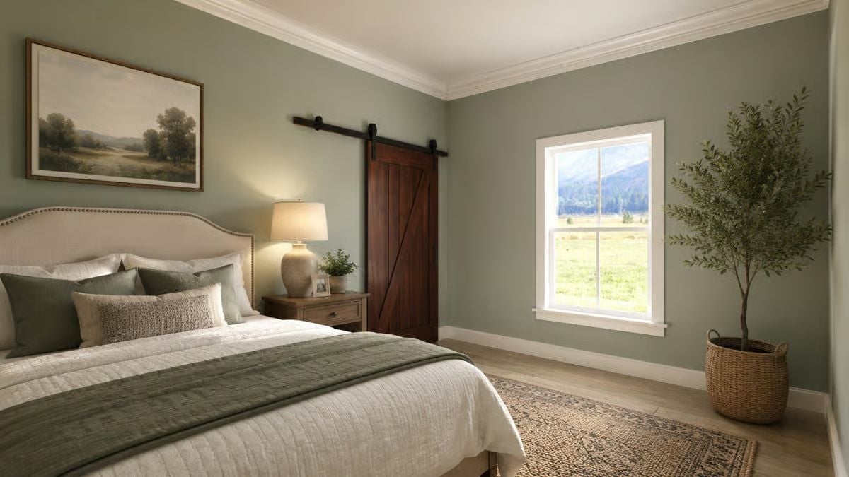 Sage Walls, Barn Door, and a Bed You Won't Want to Leave