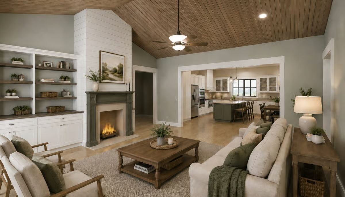 Shiplap Fireplace, Wood Ceiling, Open Kitchen: Farmhouse Done Right