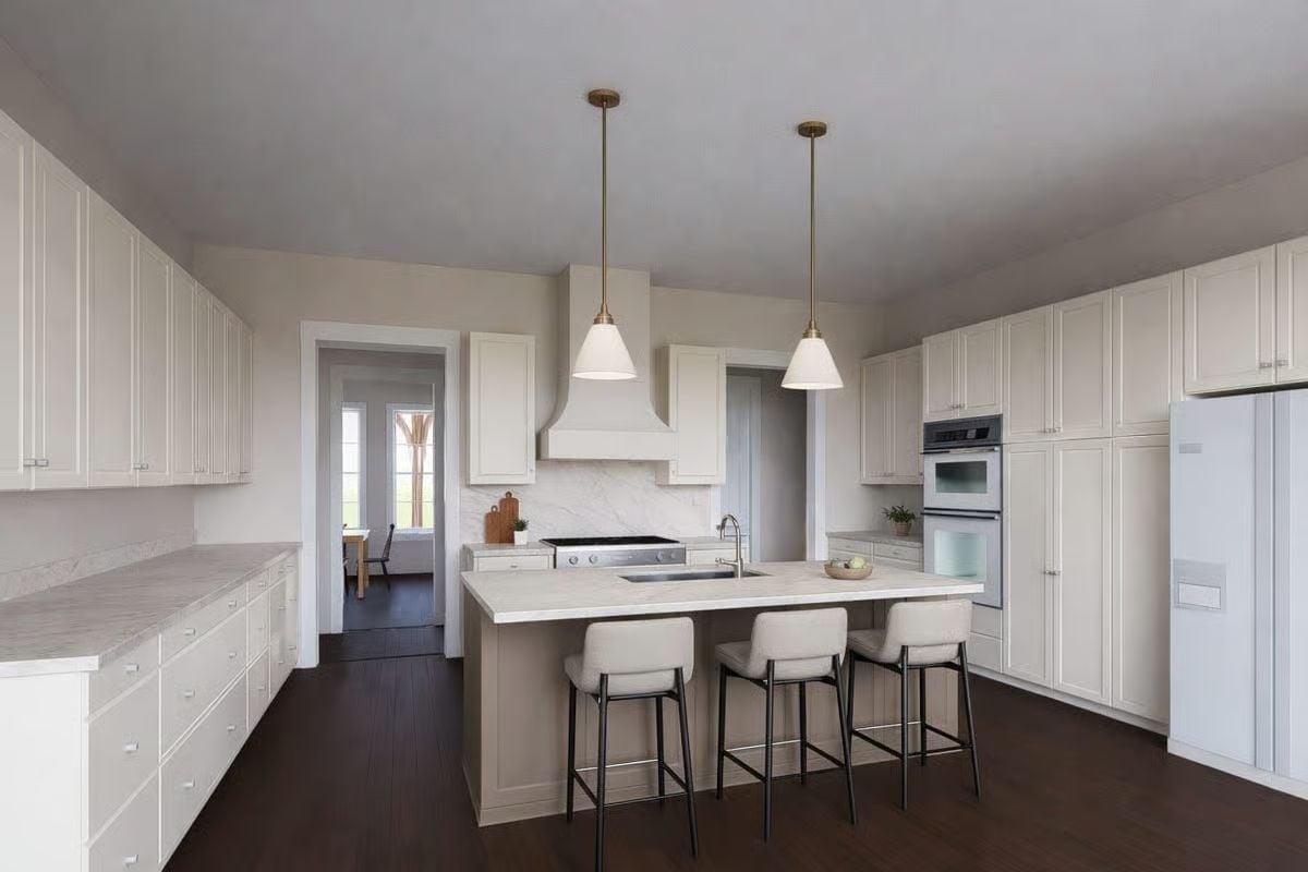 Brass Pendants and a Island Built for Four at the Counter