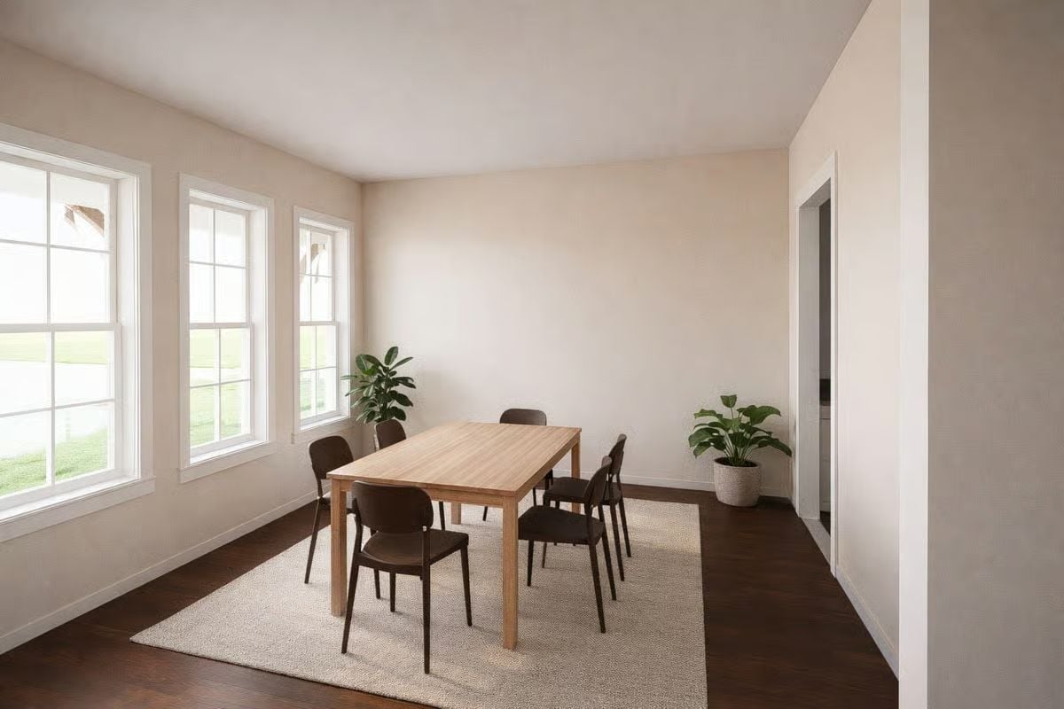Dark Chairs Against Blonde Wood Make This Dining Room Work Without Trying