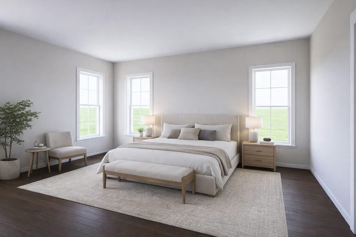 Linen Headboard and Dark Hardwood Pull Off Quiet Without Being Boring