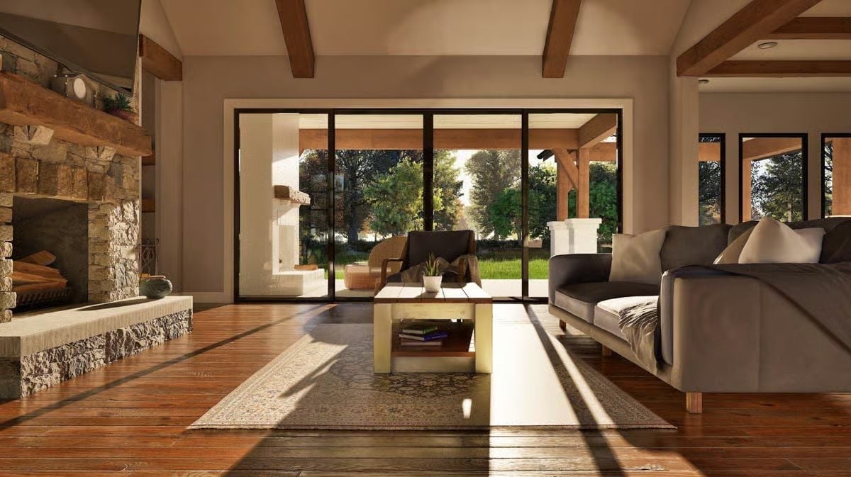 Stone Fireplace and Exposed Beams Pull the Hill Country Indoors