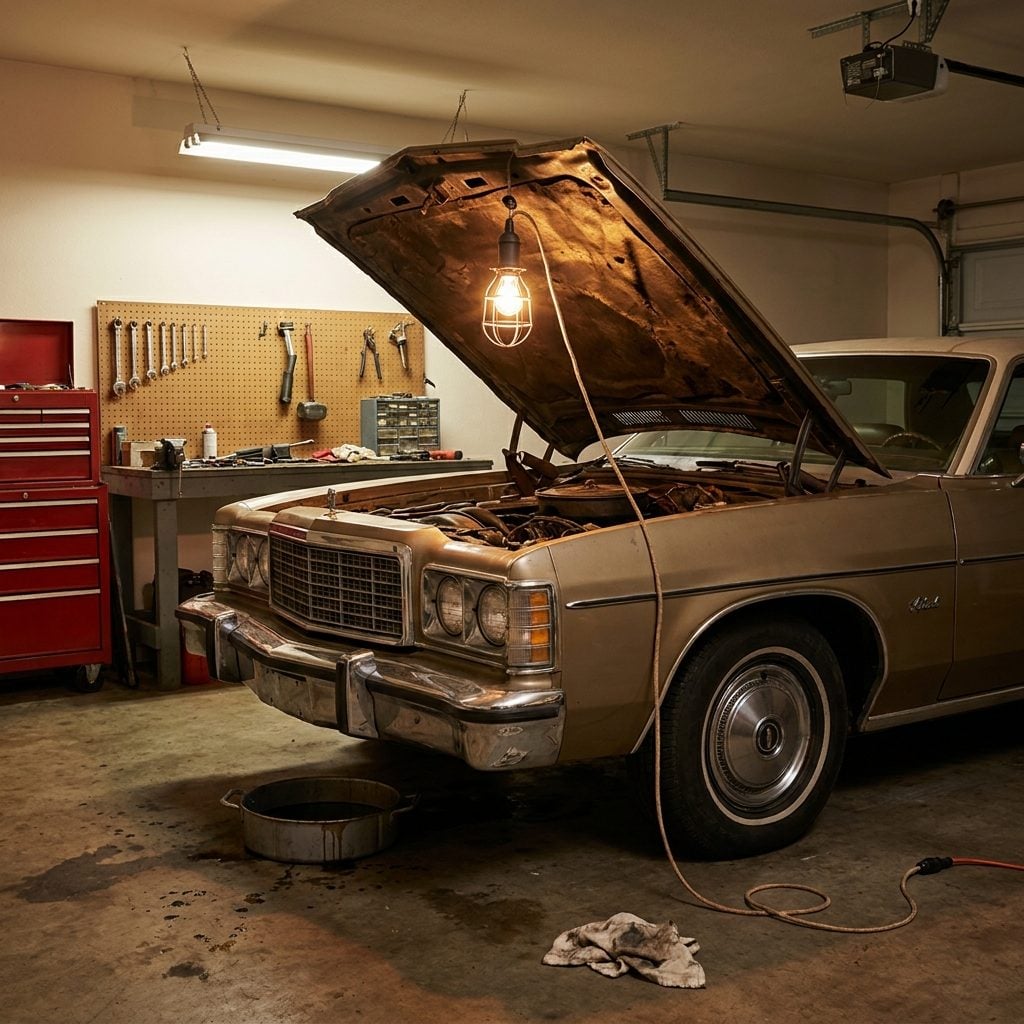 The Trouble Light on a 25-Foot Cord Draped Over the Hood