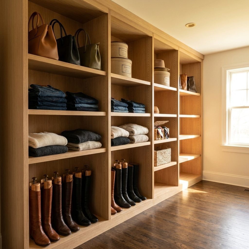 Using Identical Shelf Spacing Throughout and Ignoring That Boots, Bags, and Hats Are Three Different Heights