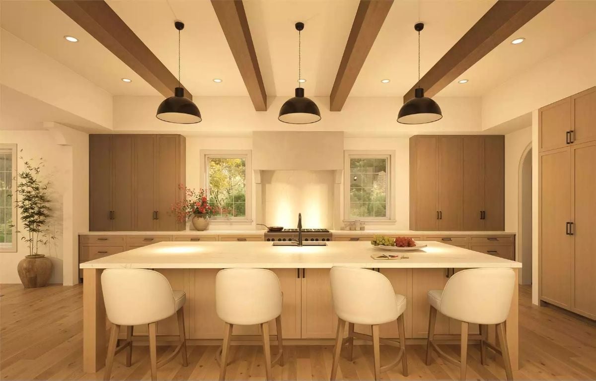 Exposed Ceiling Beams and Black Pendants Do the Heavy Lifting Here