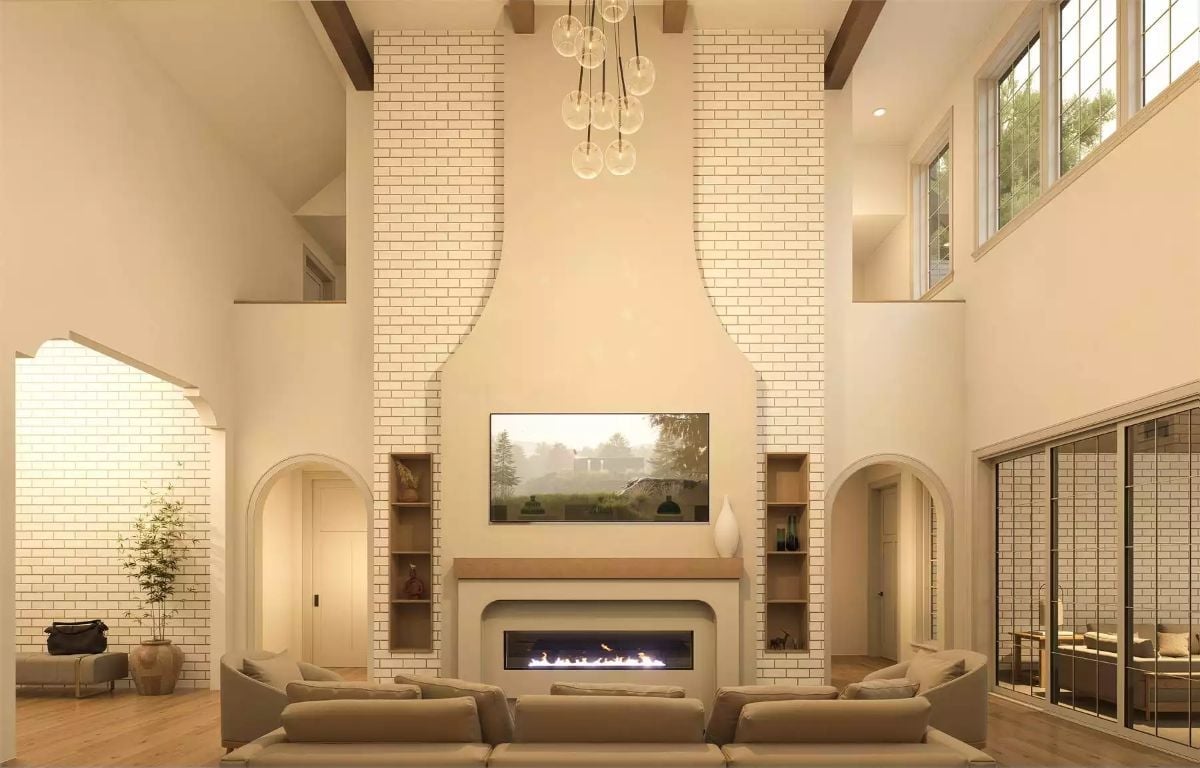 Soaring White Brick and a Linear Fireplace Built for the Whole Family