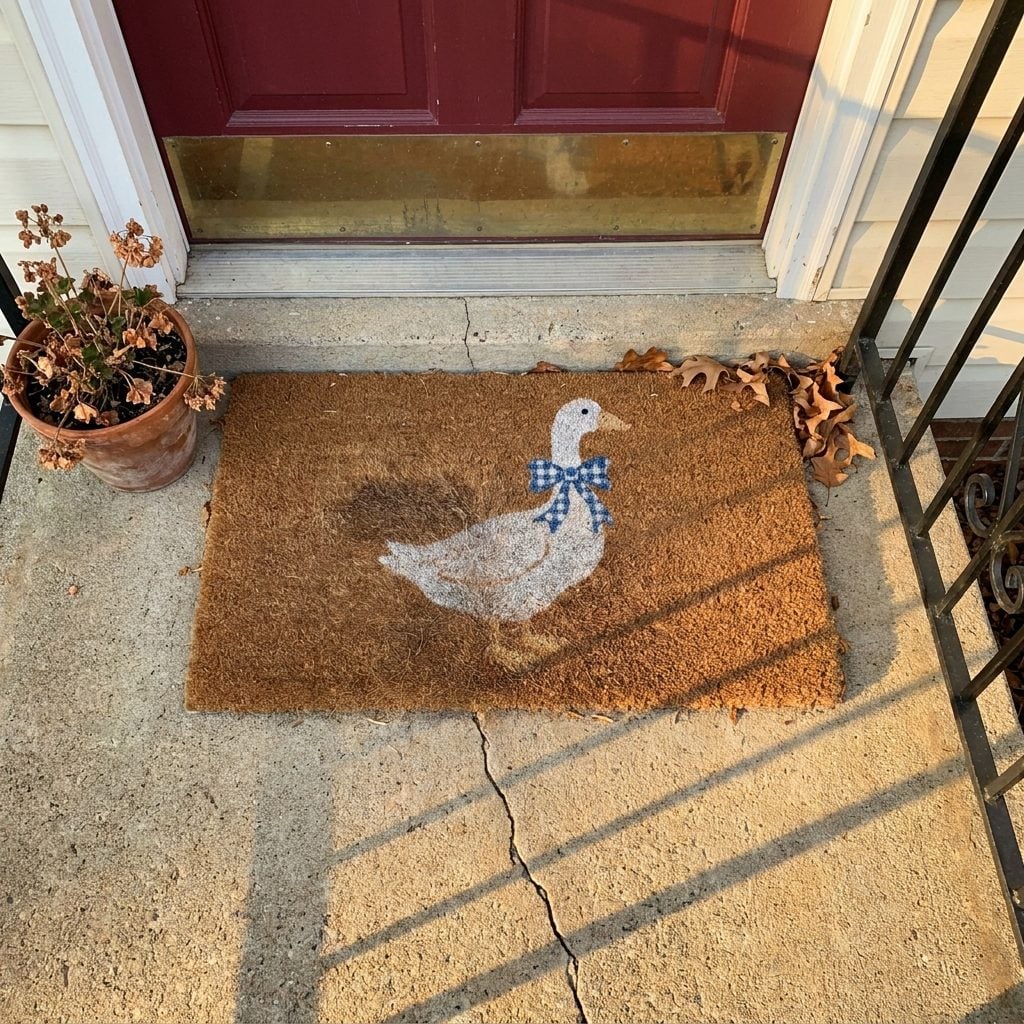 The Welcome Mat With a Goose on It Wearing a Bow