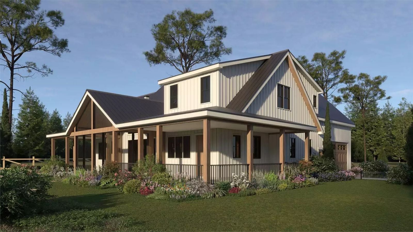 Board-and-Batten Siding and Cedar Posts Put Classic Farmhouse Character on Full Display