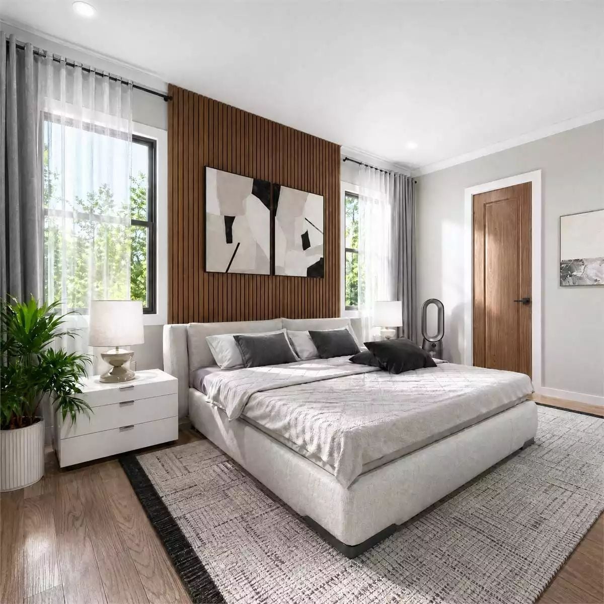 Wood Slat Accent Wall Earns Its Place Between Two Windows