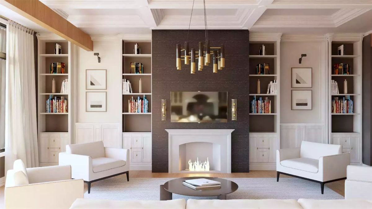Gold Chandelier and Dark Stone Surround Pull the Fireplace Wall Together