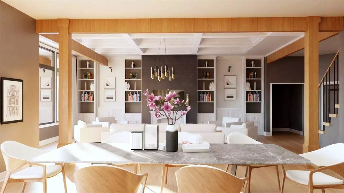 Marble Table, Magnolia Branch, Built-In Library — Wait, No Em-Dashes. Marble Table and Magnolia Branch Anchor an Open Room That Earns Its Square Footage