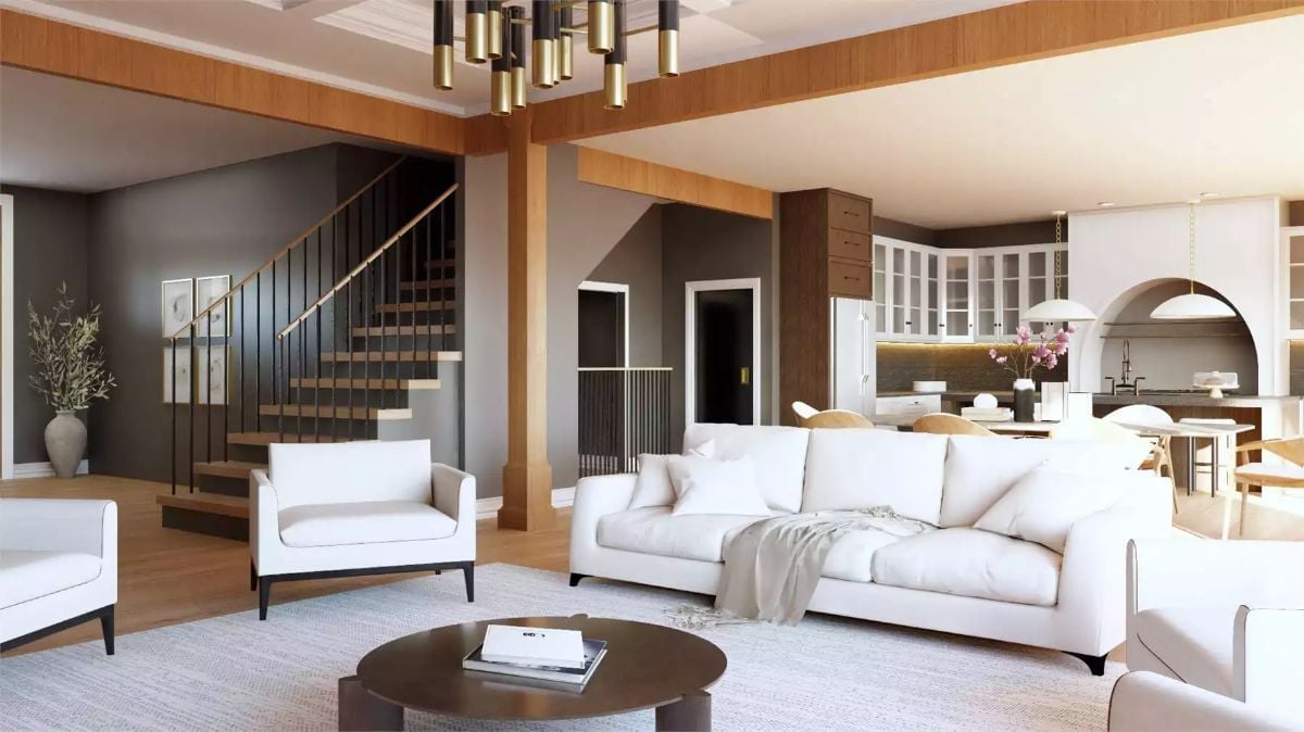 Open-Plan Living Where Wood Beams and White Upholstery Do the Heavy Lifting