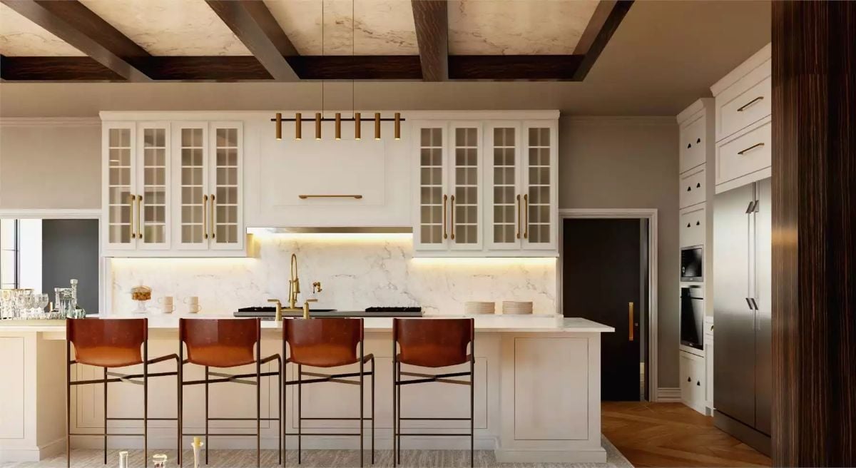 Leather Bar Stools and Brass Hardware Make This Kitchen Worth Staying In