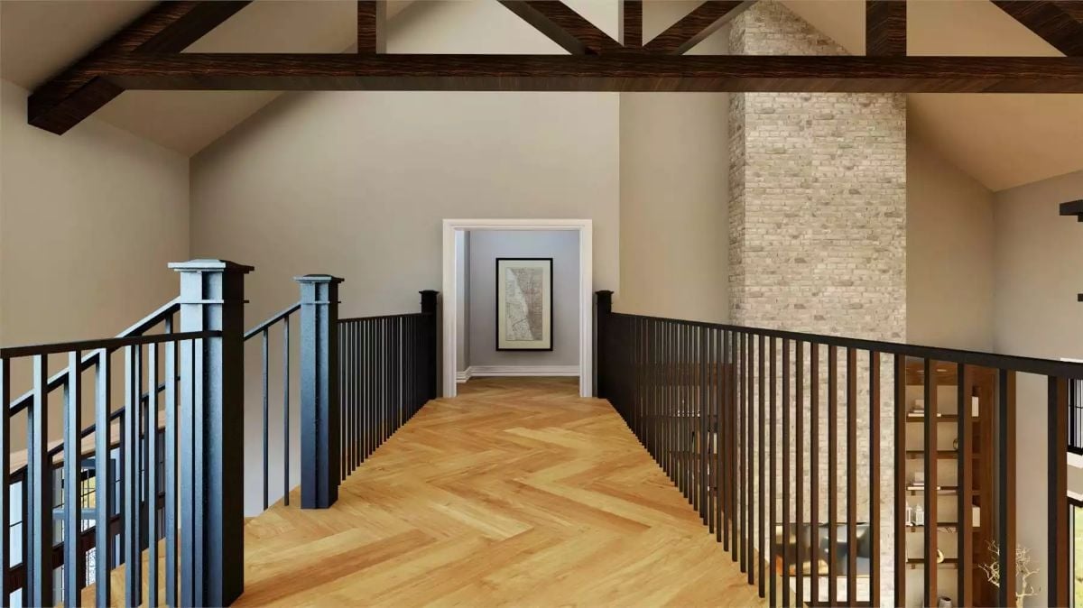 Loft Hallway with Exposed Trusses and Stone Chimney Column Earns Its Square Footage