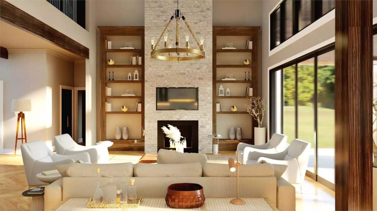 Rope-Wrapped Chandelier and Stone Fireplace Pull This Great Room Together