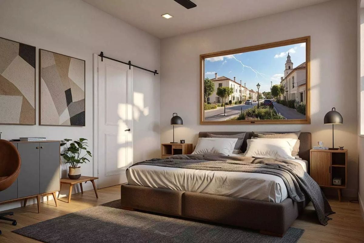 Barn Door, Layered Neutrals, and a Framed Street Scene Above the Bed