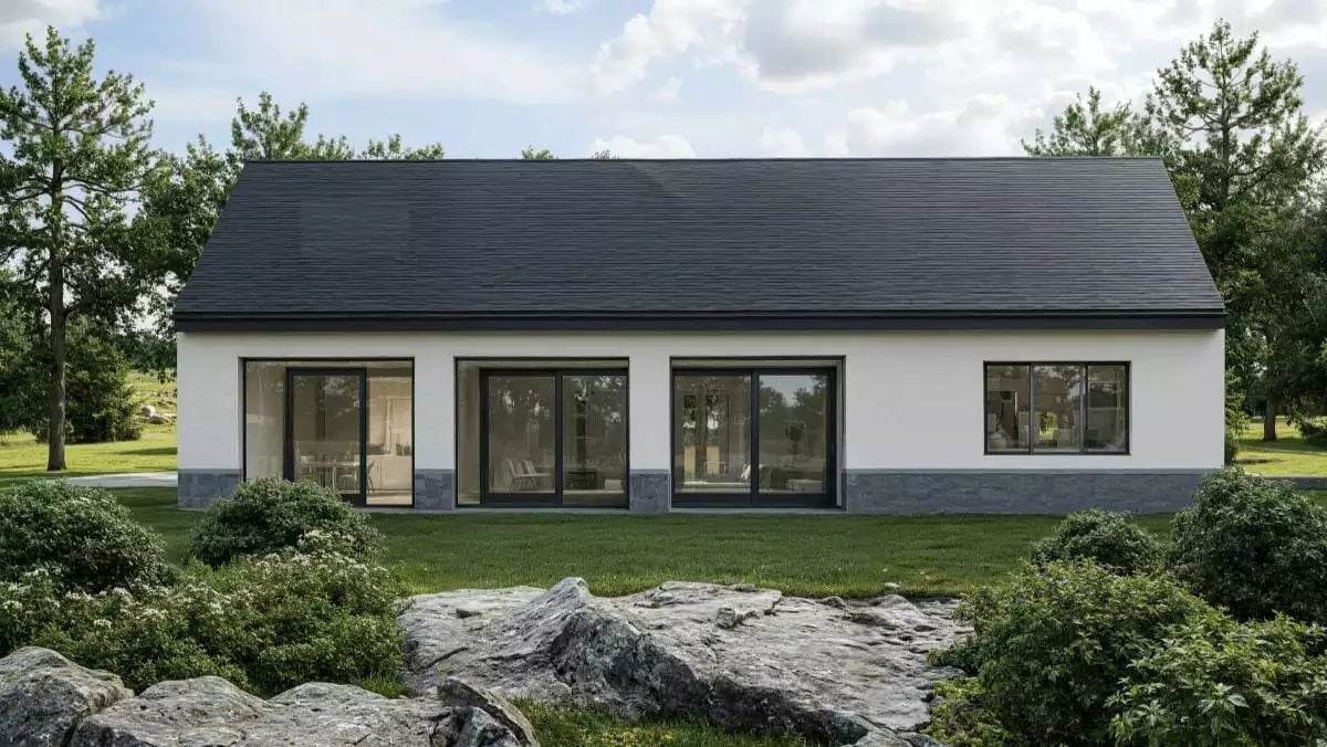Dark Roof, White Walls, and a Stone Base That Earns Its Keep