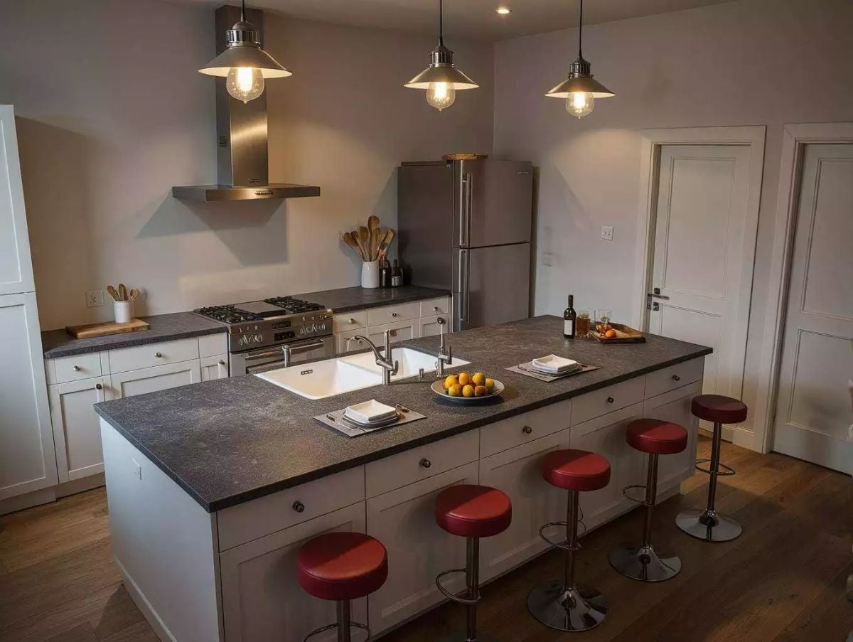 Red Barstools and a Farmhouse Sink That Steal the Show