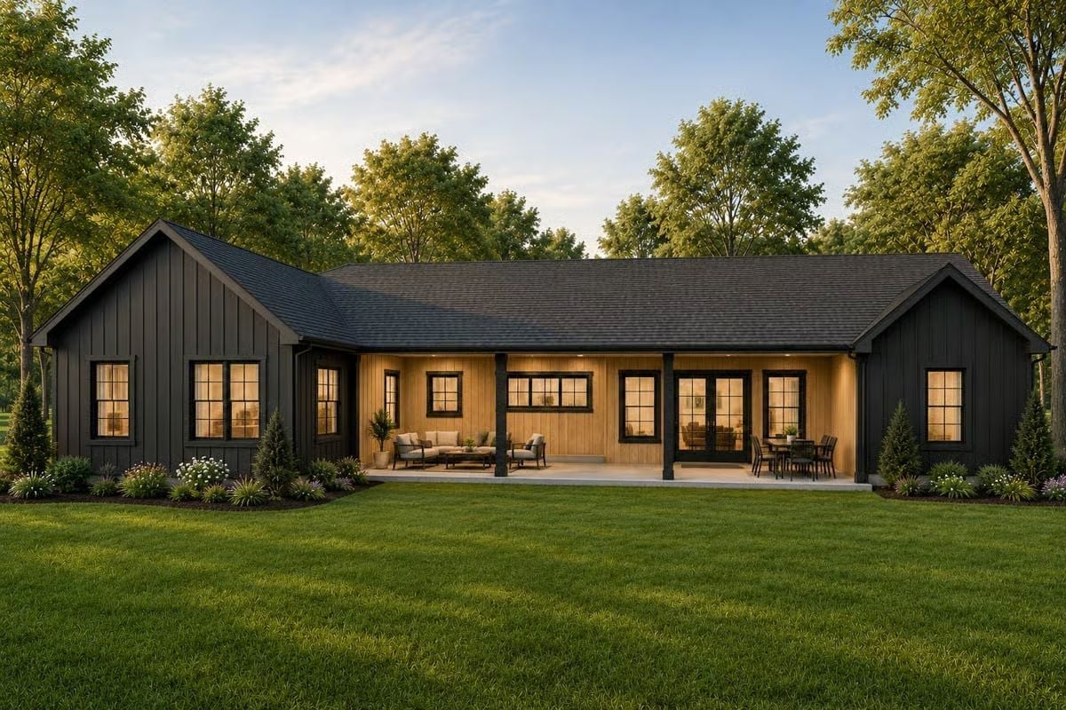 Dark Board-and-Batten Exterior Gives Way to a Covered Patio Built for Real Life