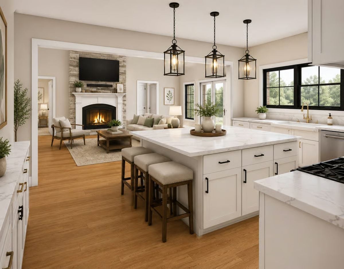 Marble Island, Black Lanterns, and a Fireplace You Can See from the Kitchen