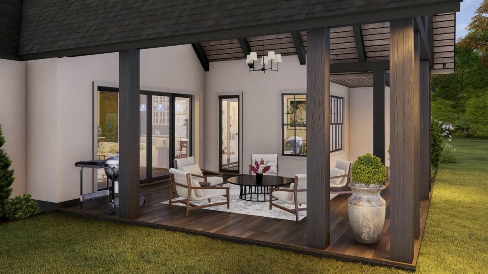 Dark Wood Columns Frame an Outdoor Living Room That Actually Gets Used