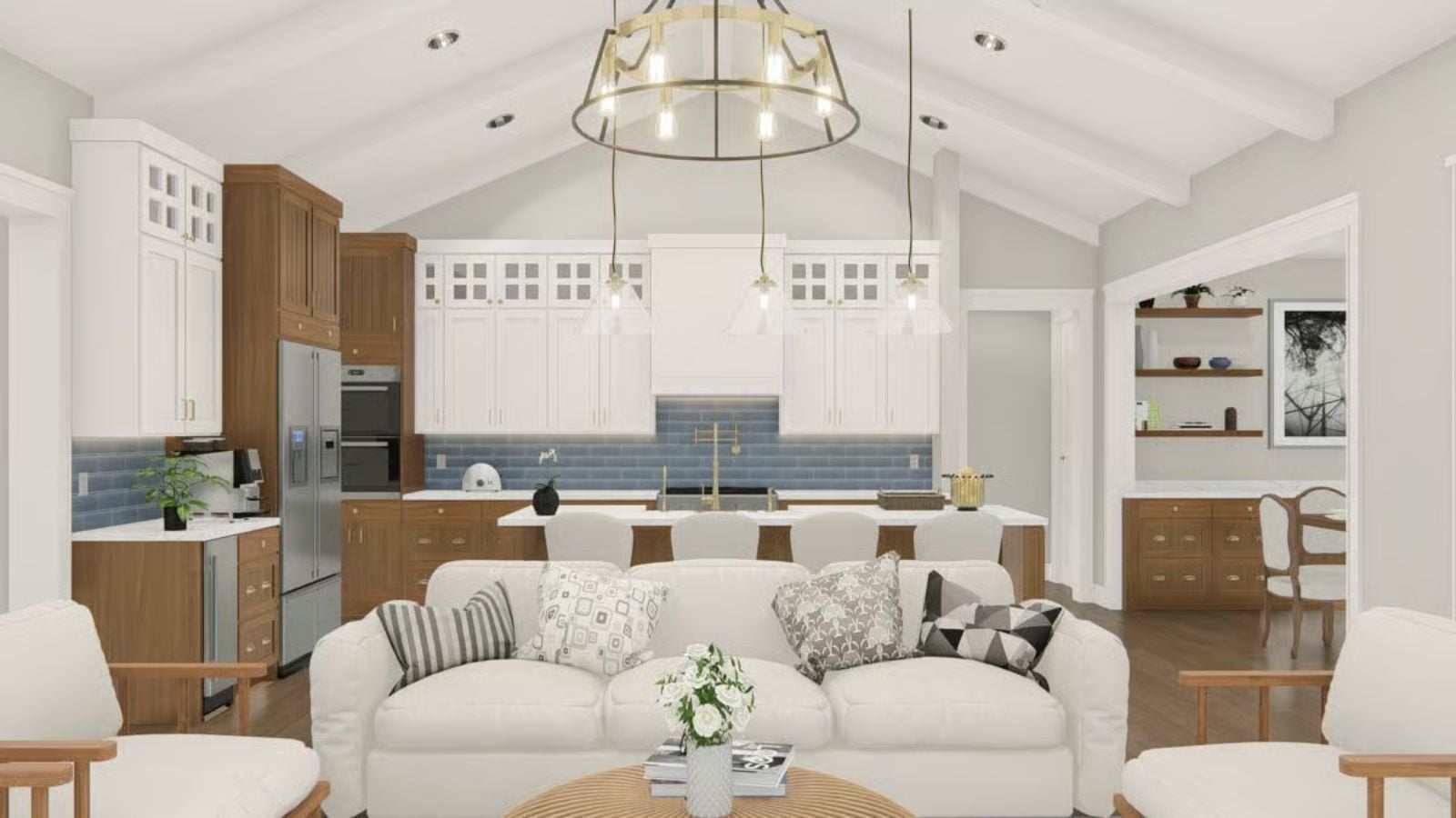 Vaulted Ceiling, Gold Chandelier, and a Kitchen Island With Room for Everyone