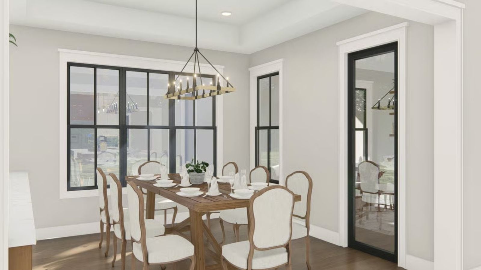 Warm Wood, Black Steel Frames, and a Chandelier That Earns Its Place