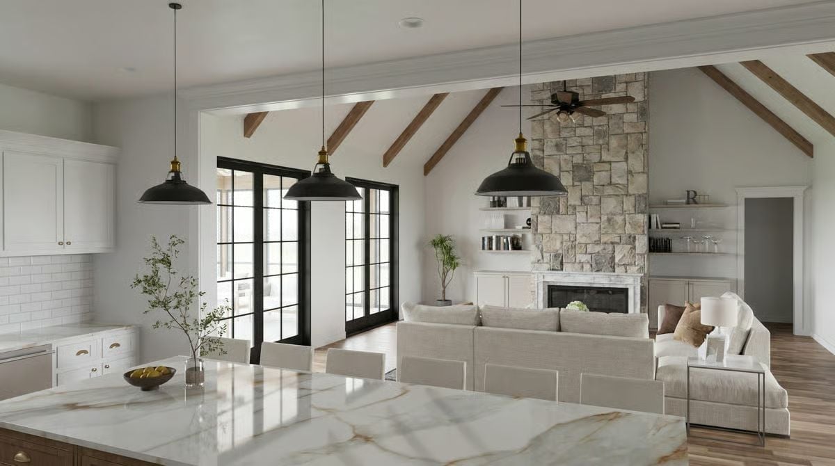 Kitchen-to-Living Sightlines That Make the Stone Fireplace the Center of Everything