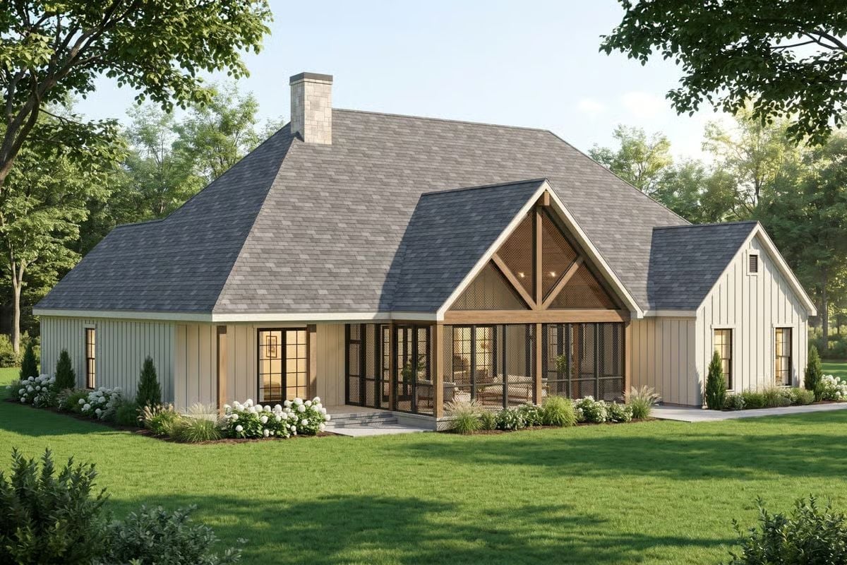 Screened Porch with Cathedral Timber Frame Steals the Backyard