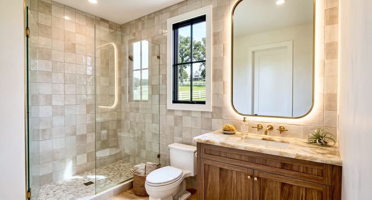 Backlit Mirror, Brass Faucets, and a View You Won't Shut the Blinds On