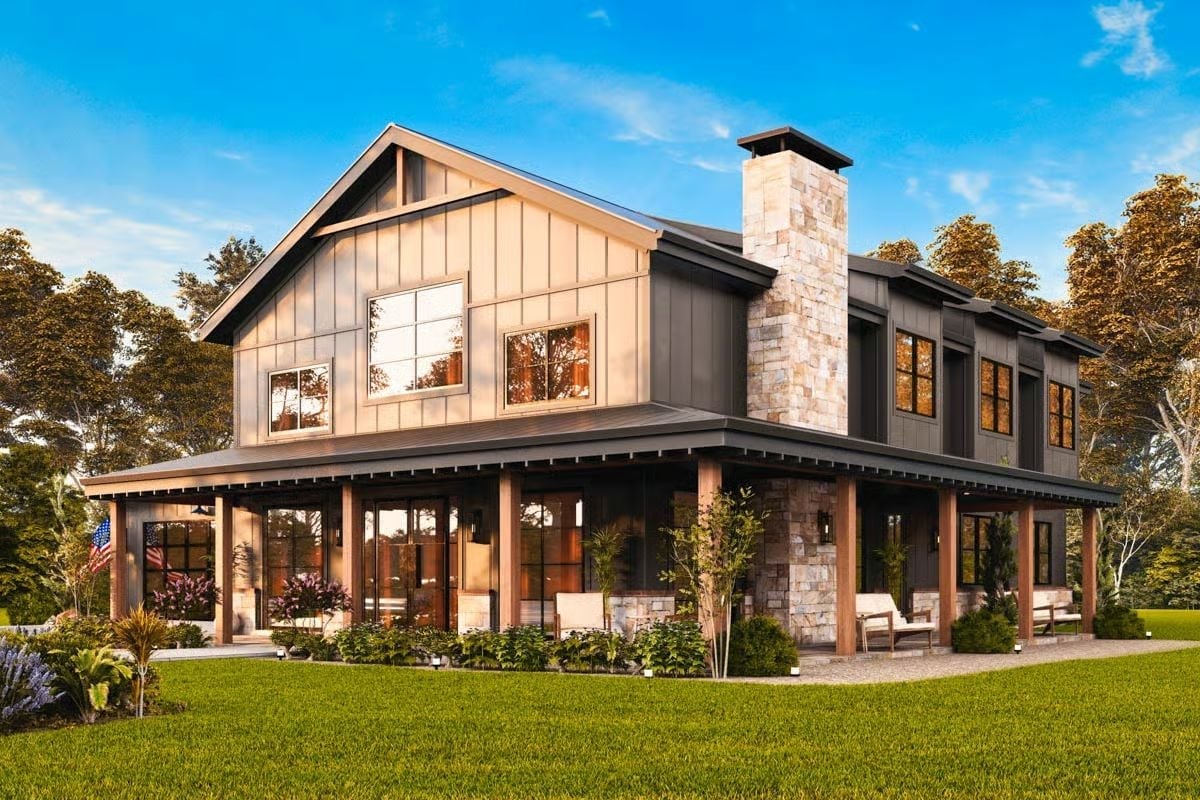 Board-and-Batten Walls, Stone Chimney, and a Porch That Actually Gets Used