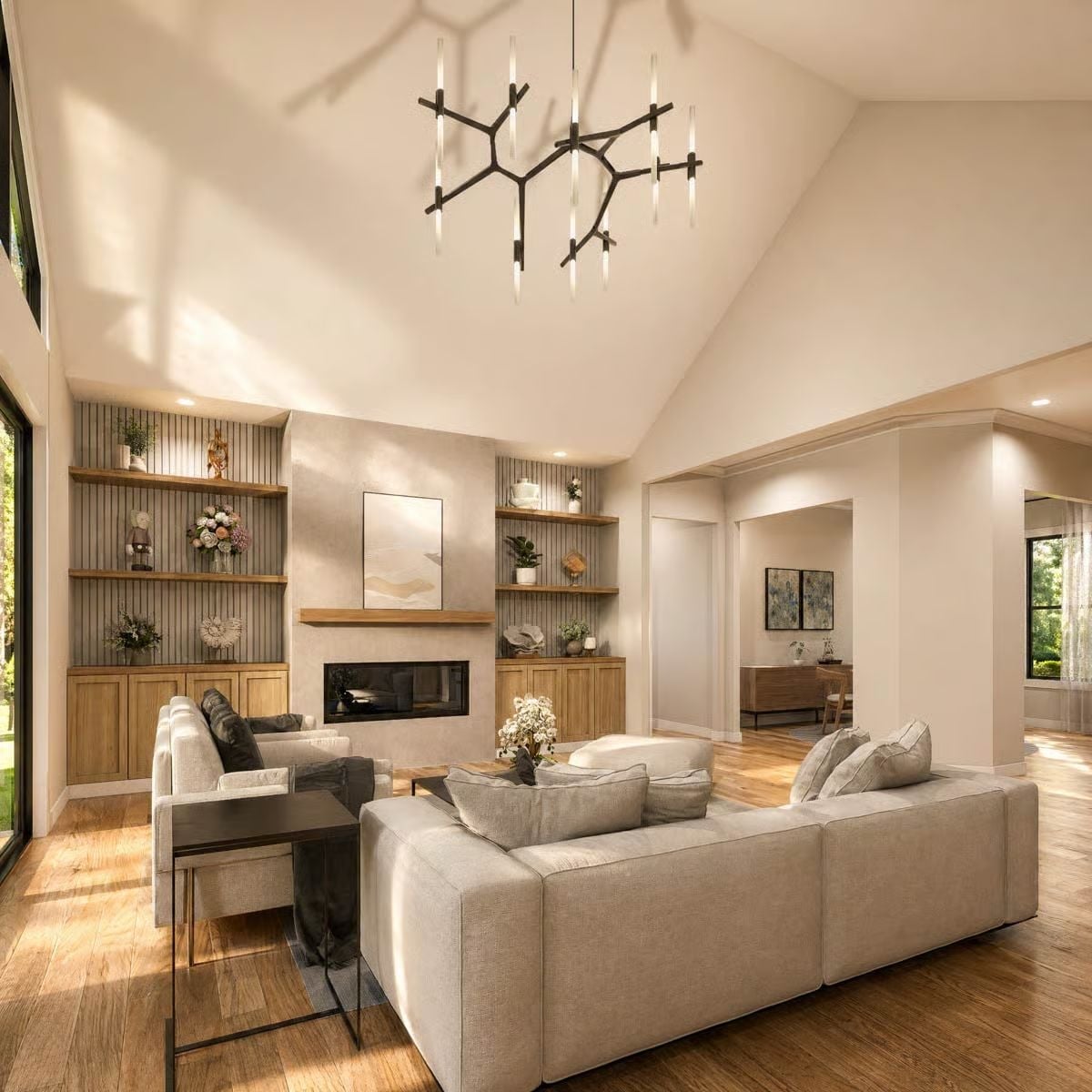 Branch Chandelier, Vaulted Ceiling, and Built-Ins That Do the Heavy Lifting