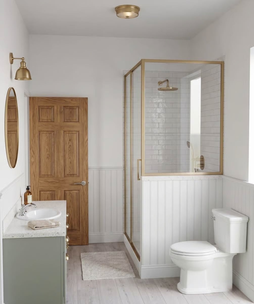 Brushed Brass and Beadboard Give This Bathroom Its Quiet Personality