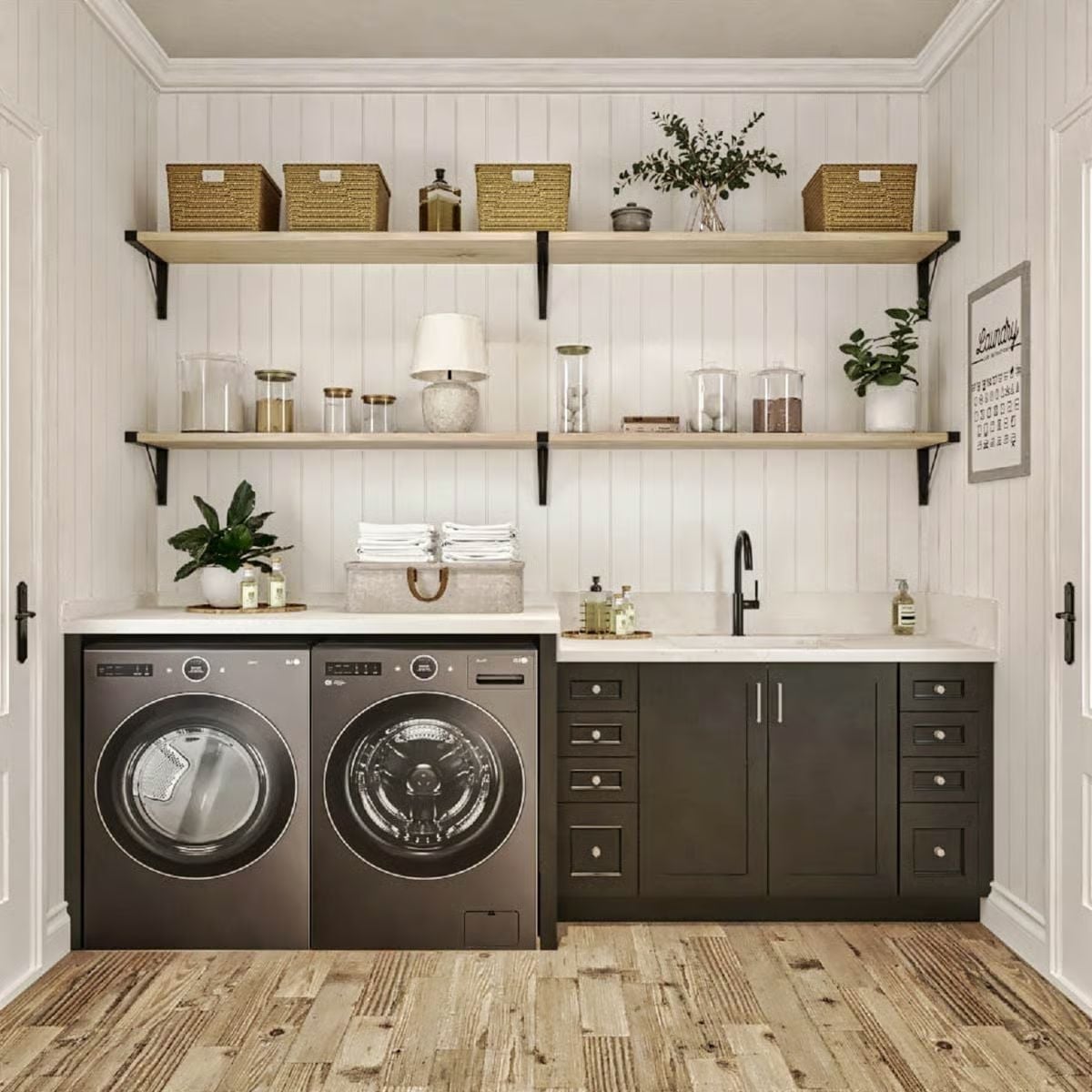 Dark Cabinetry, Open Shelving, and a Laundry Room That Finally Has Enough Counter Space