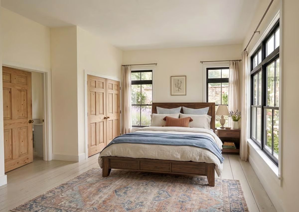 Dark Wood, Soft Linen, and One Very Good Rug Pull the Whole Room Together