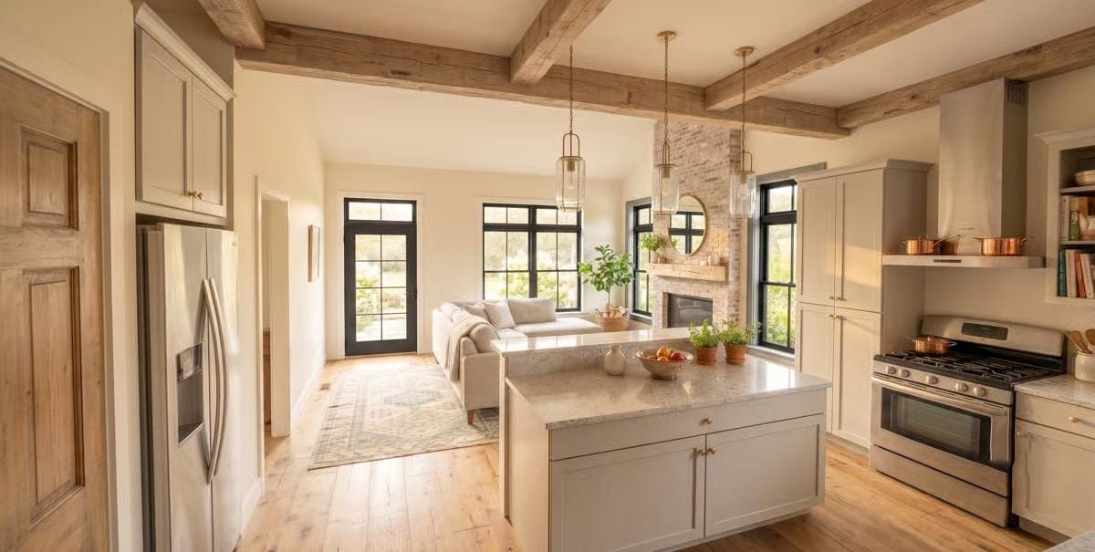 Exposed Beams and a Stone Fireplace Make the Open Plan Feel Rooted