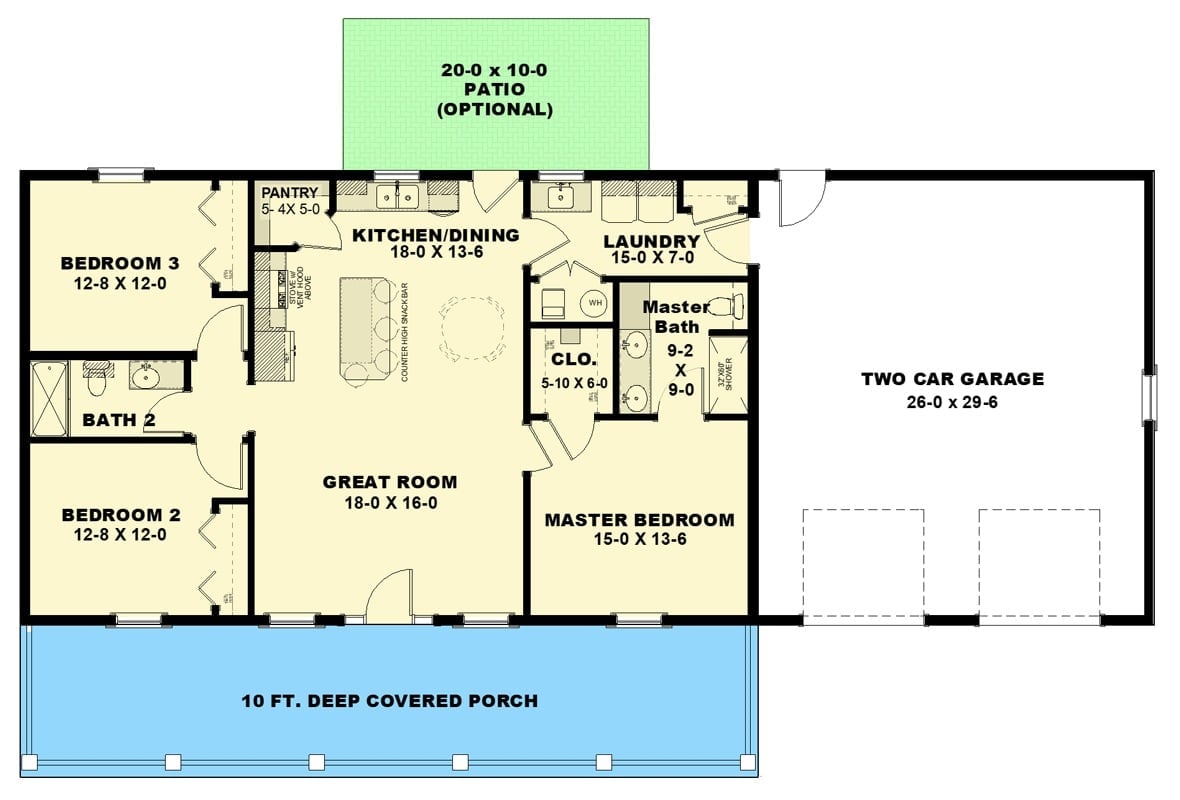 Floor Plan - Wrenhollow 3-Bedroom Modern Farmhouse with Covered Porch Designed for Homeowners Who Believe in Front Porches and Friendly Neighbors