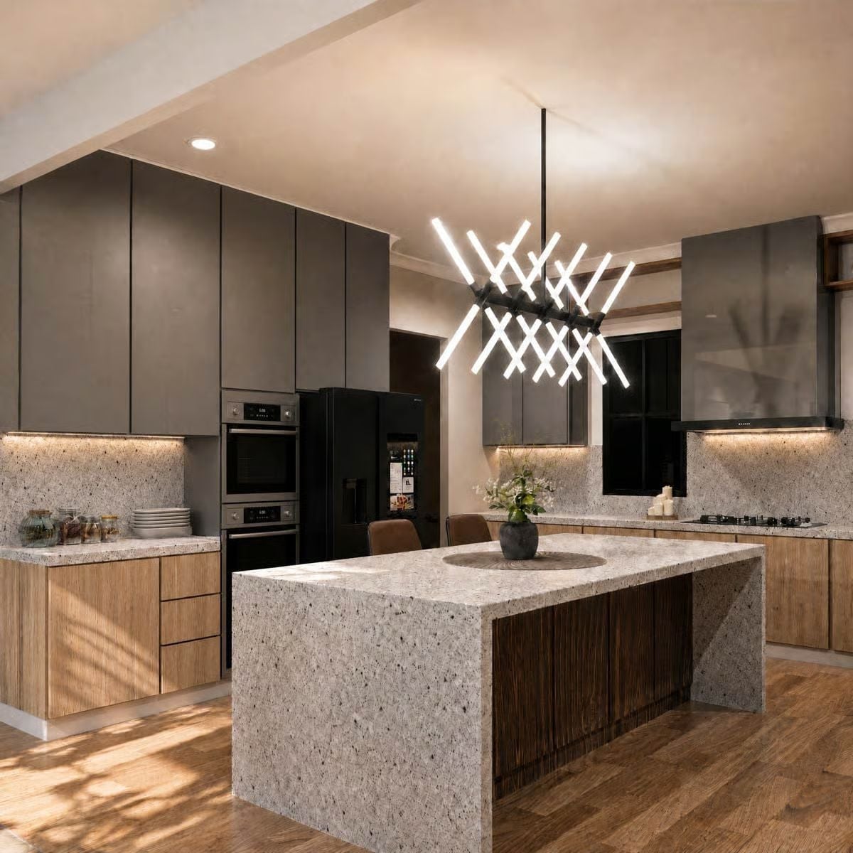 Granite Island With a Lazy Susan Cutout and a Chandelier Worth Staring At