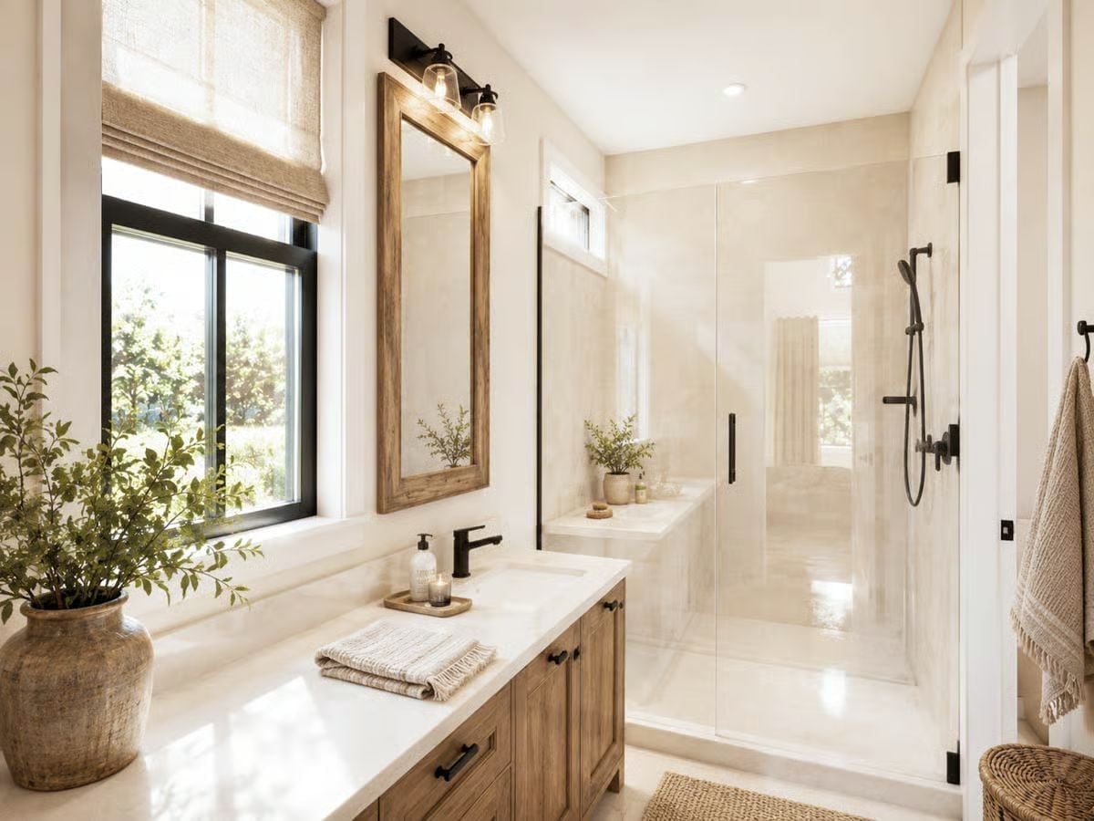 Matte Black Hardware Against Warm Wood Pulls This Bathroom Together