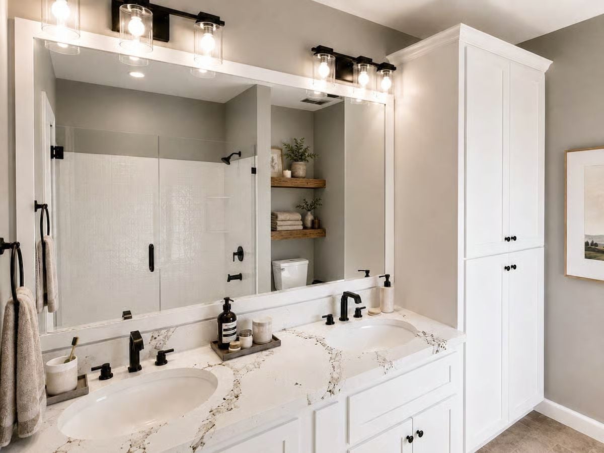 Quartz, Matte Black, and Floating Shelves Pulling a Double-Sink Vanity Together