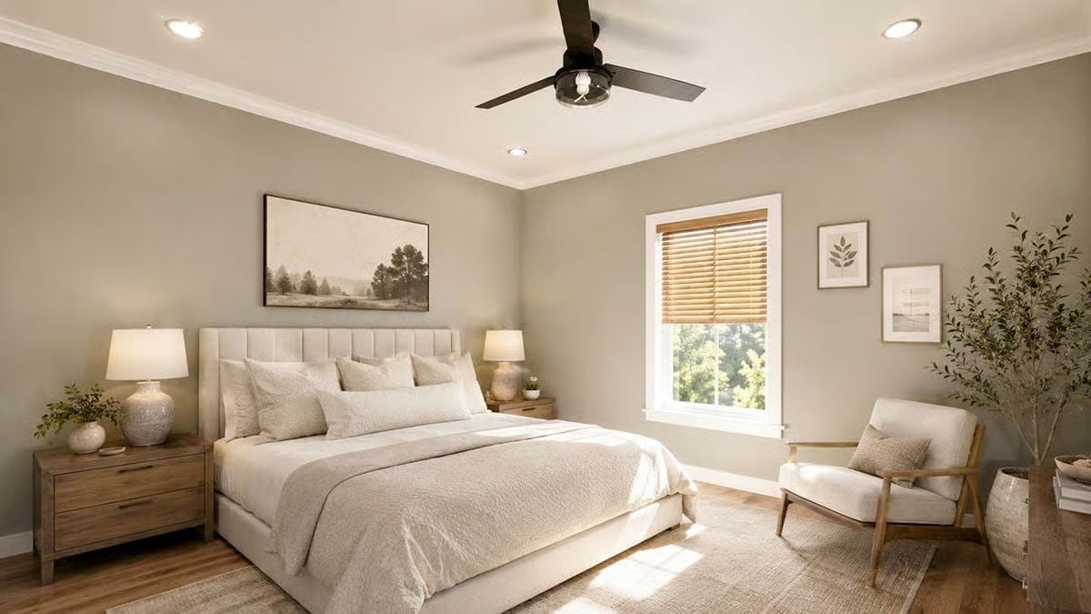 Sage Walls and Wood Nightstands Keeping a Bedroom Honest