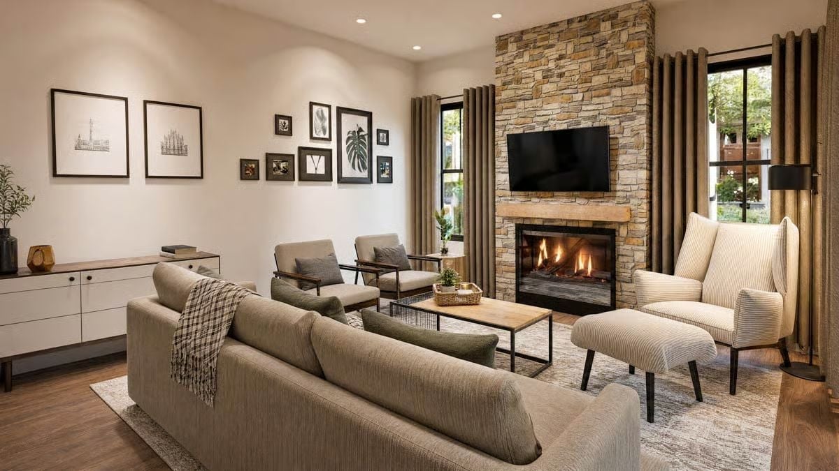 Stone Fireplace Wall That Does the Heavy Lifting in This Living Room