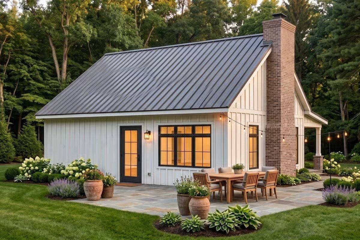 Warm Light Spills Through Black-Framed Windows on a Quiet Evening