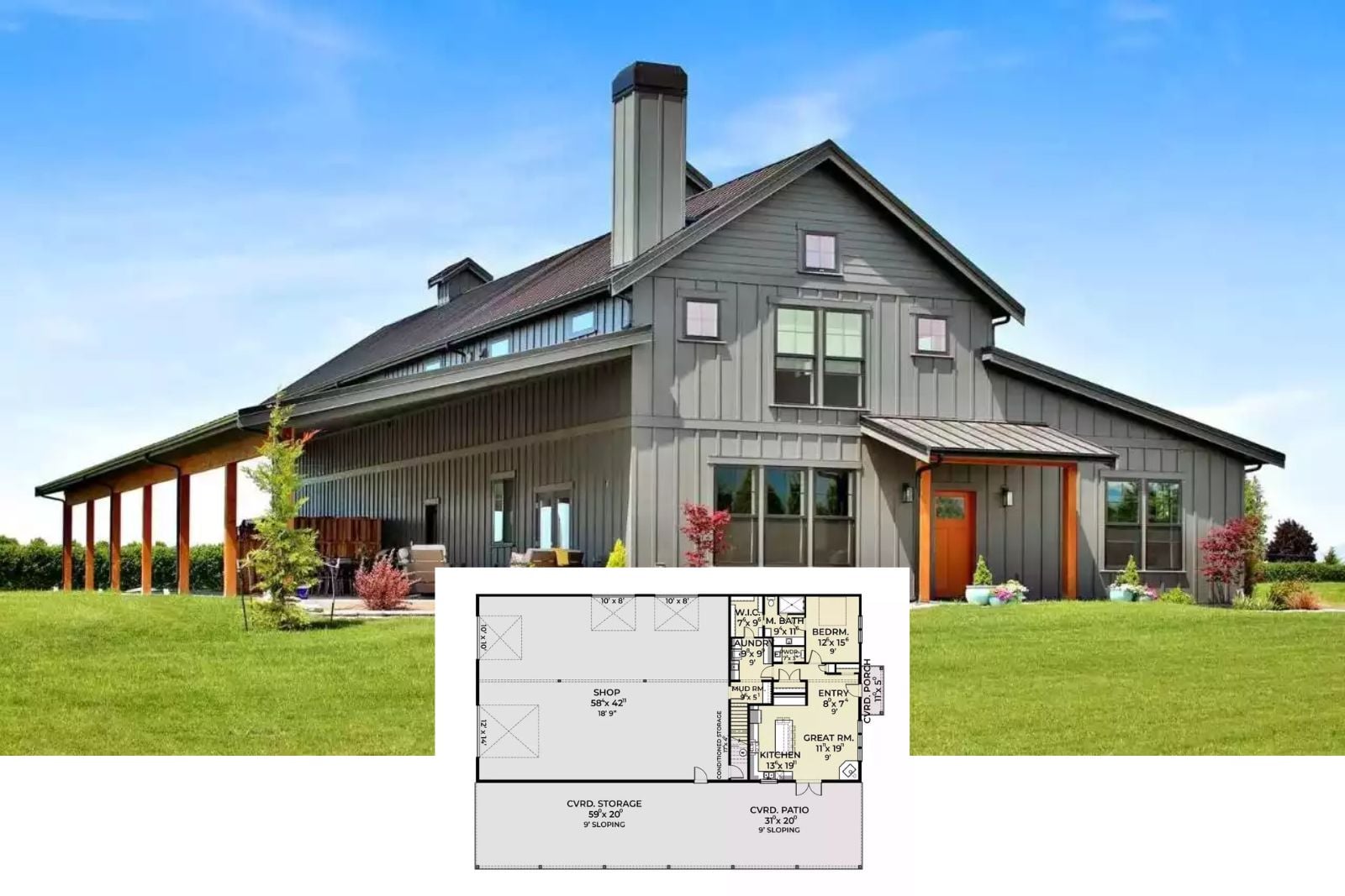 Brinwood 1-Bedroom Barndominium House Plan with Bonus Room (2,054 Sq. Ft. Floor Plan)