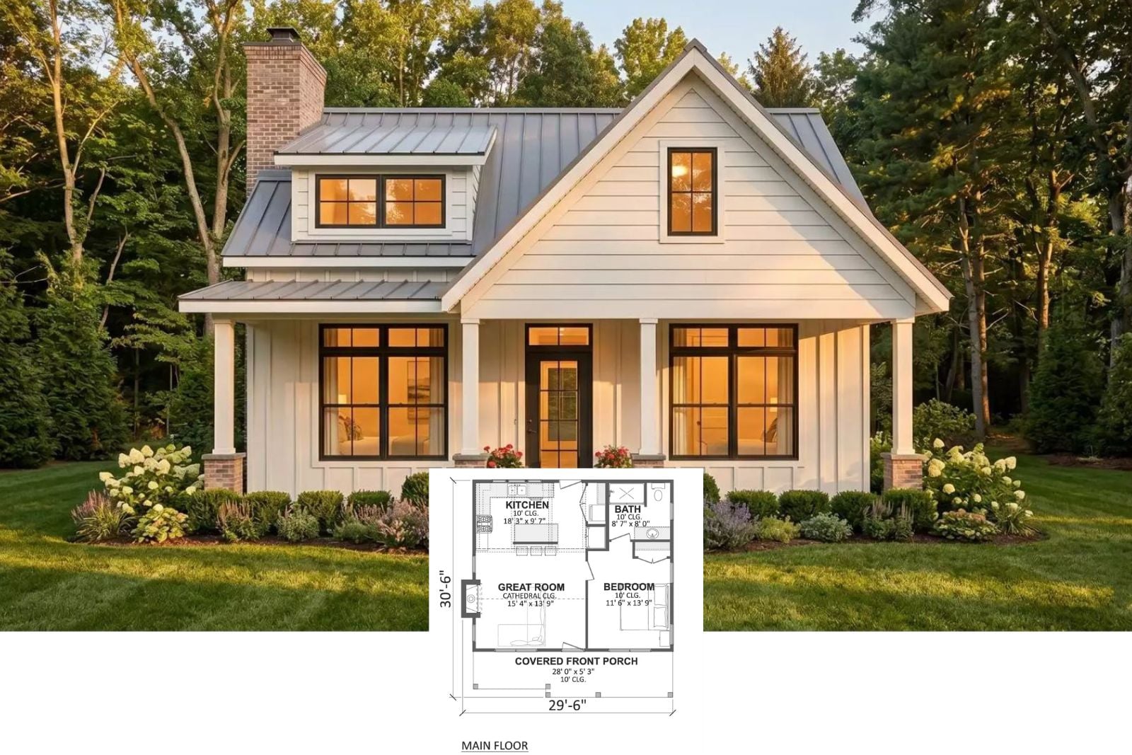 Goodwin Row 1-Bedroom Cottage House Plan with Covered Front Porch (680 Sq. Ft. Floor Plan)