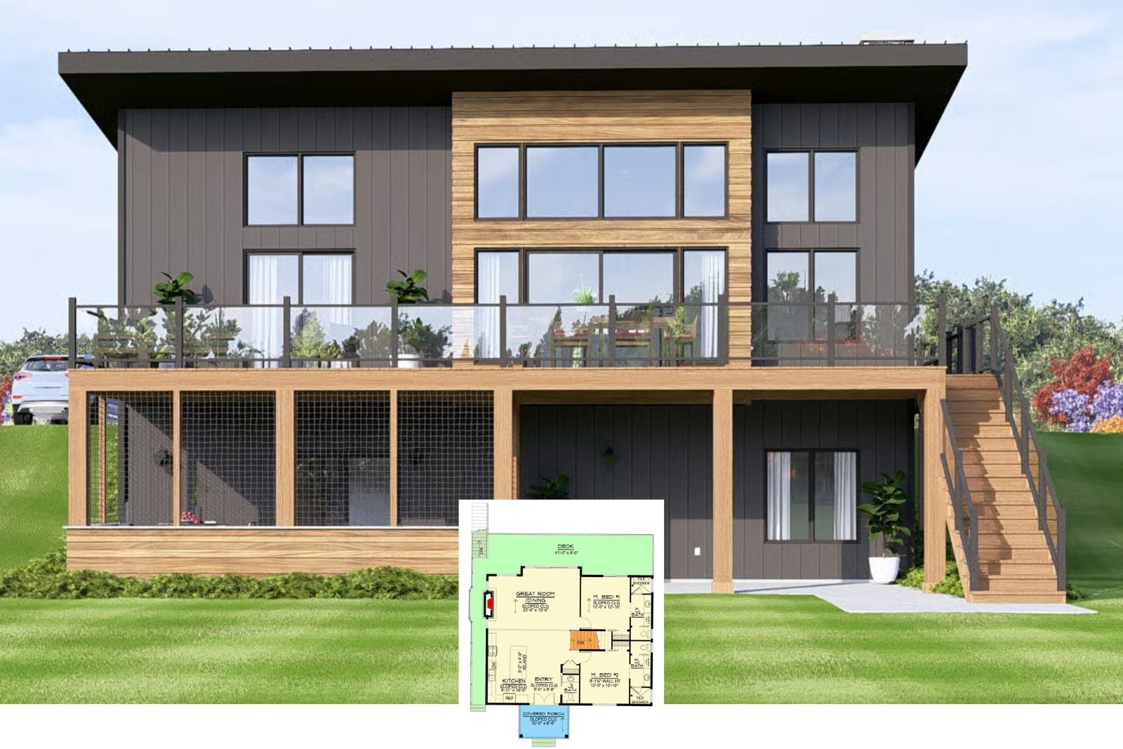 The Tidemark 4-Bedroom Coastal Contemporary House Plan with Wraparound Deck (1,345 Sq. Ft. Floor Plan)