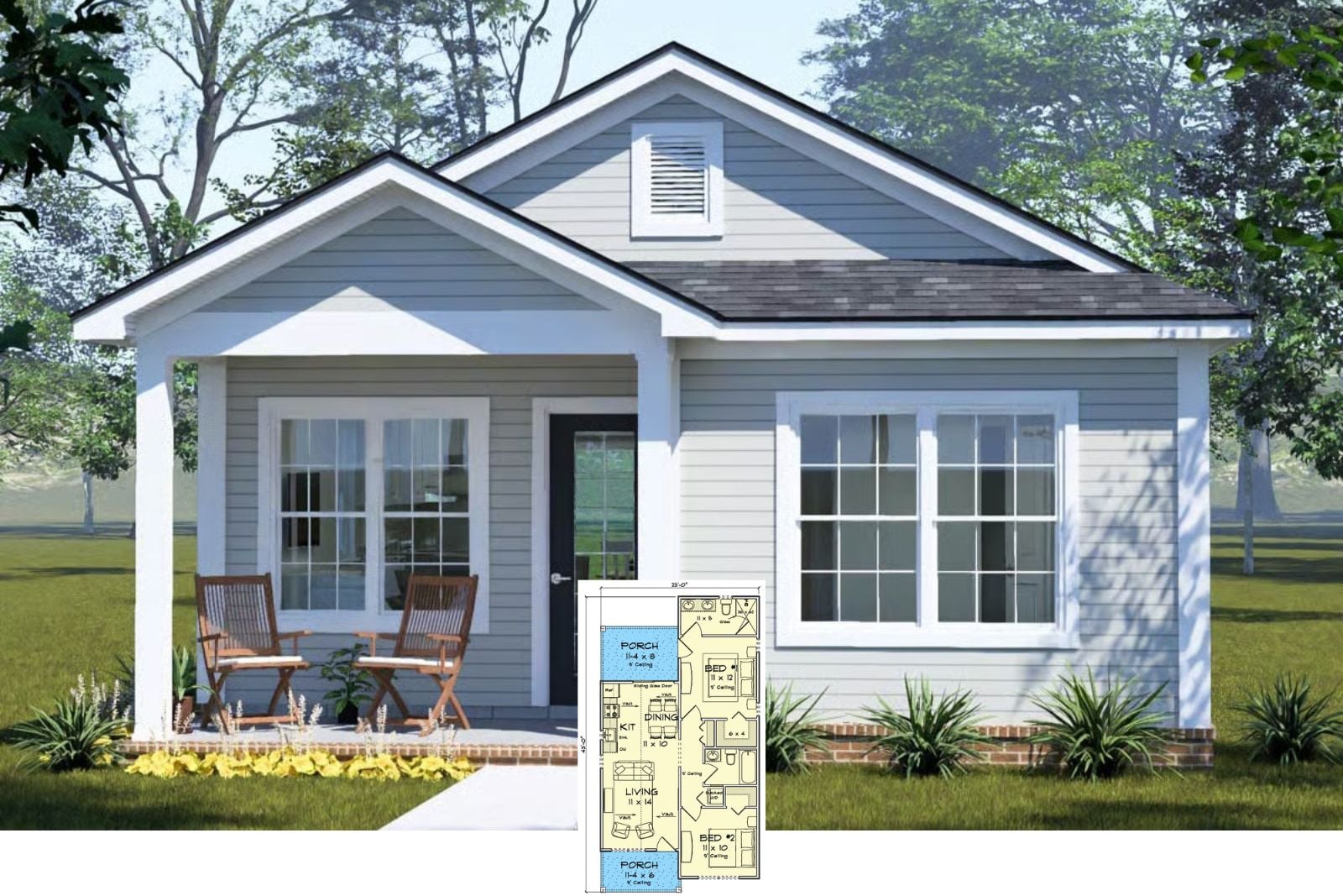 Primrose 2-Bedroom Cottage House Plan with Dual Porches (758 Sq. Ft. Floor Plan)
