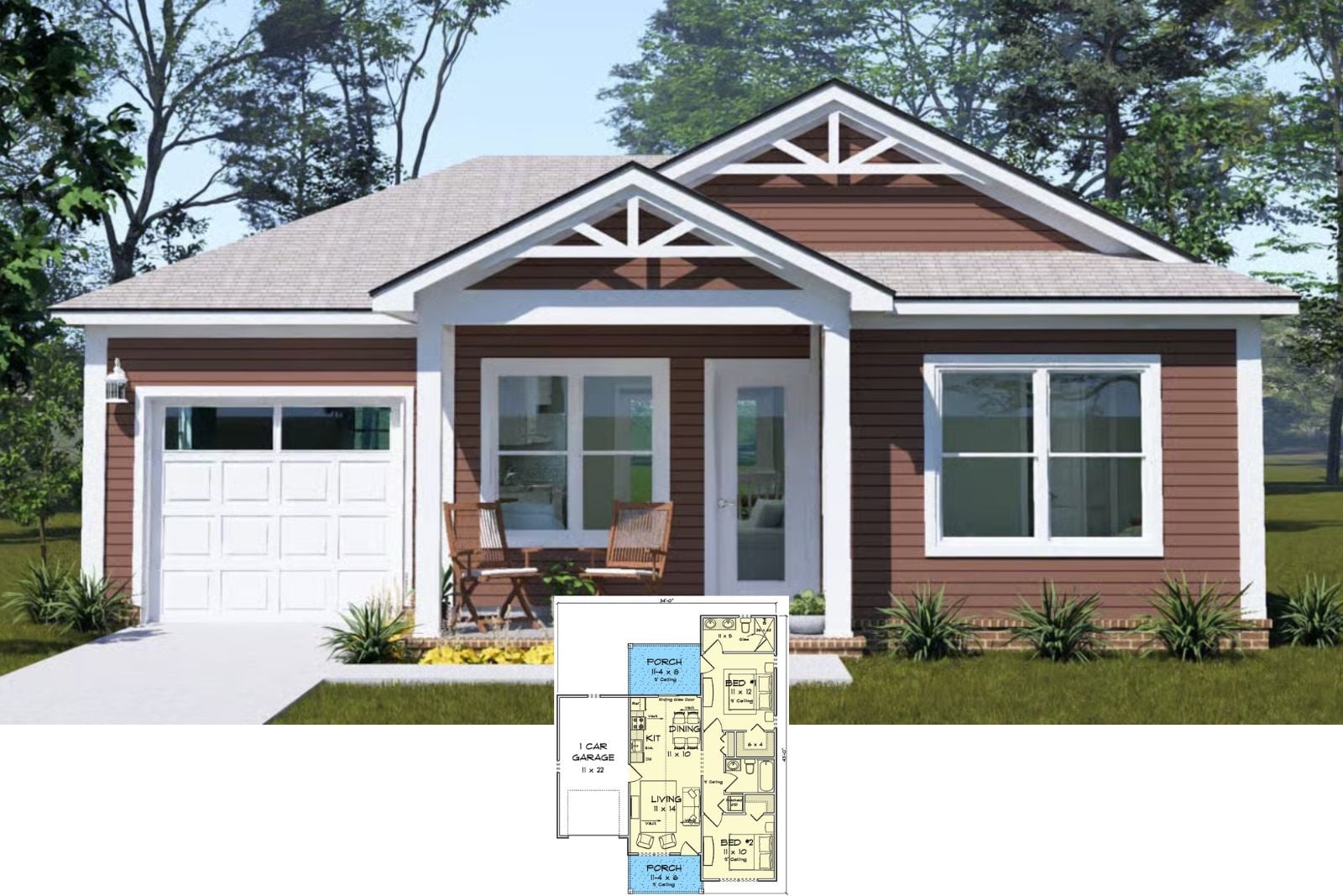Hollyhock 2-Bedroom Cottage House Plan with Two Porches (758 Sq. Ft. Floor Plan)
