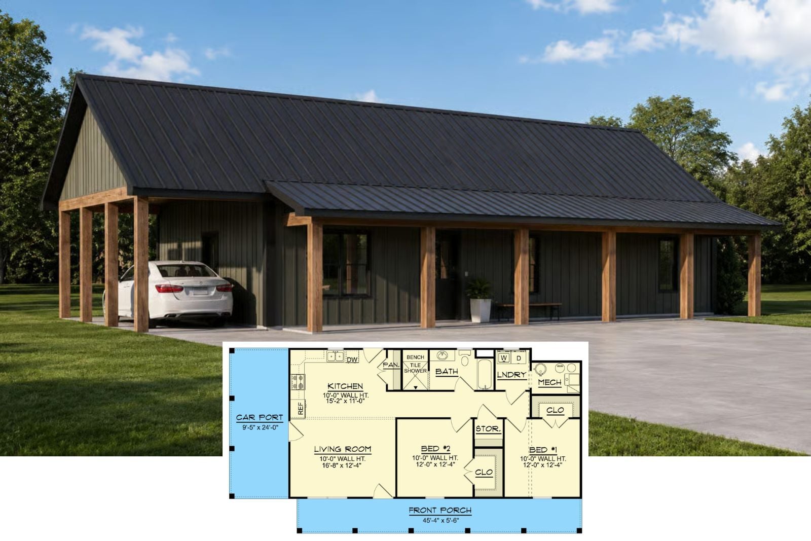 The Darkbarn 2-Bedroom New American Barn-Style House Plan with Front Porch (1,120 Sq. Ft. Floor Plan)